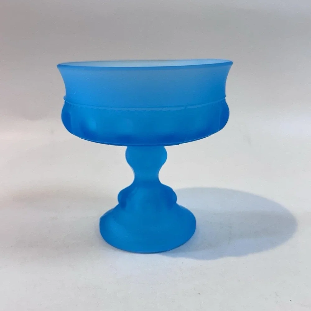 Vintage Fenton‎ Blue Satin Glass Compote Pedestal Candy Nut Bowl Dish Thumbprint